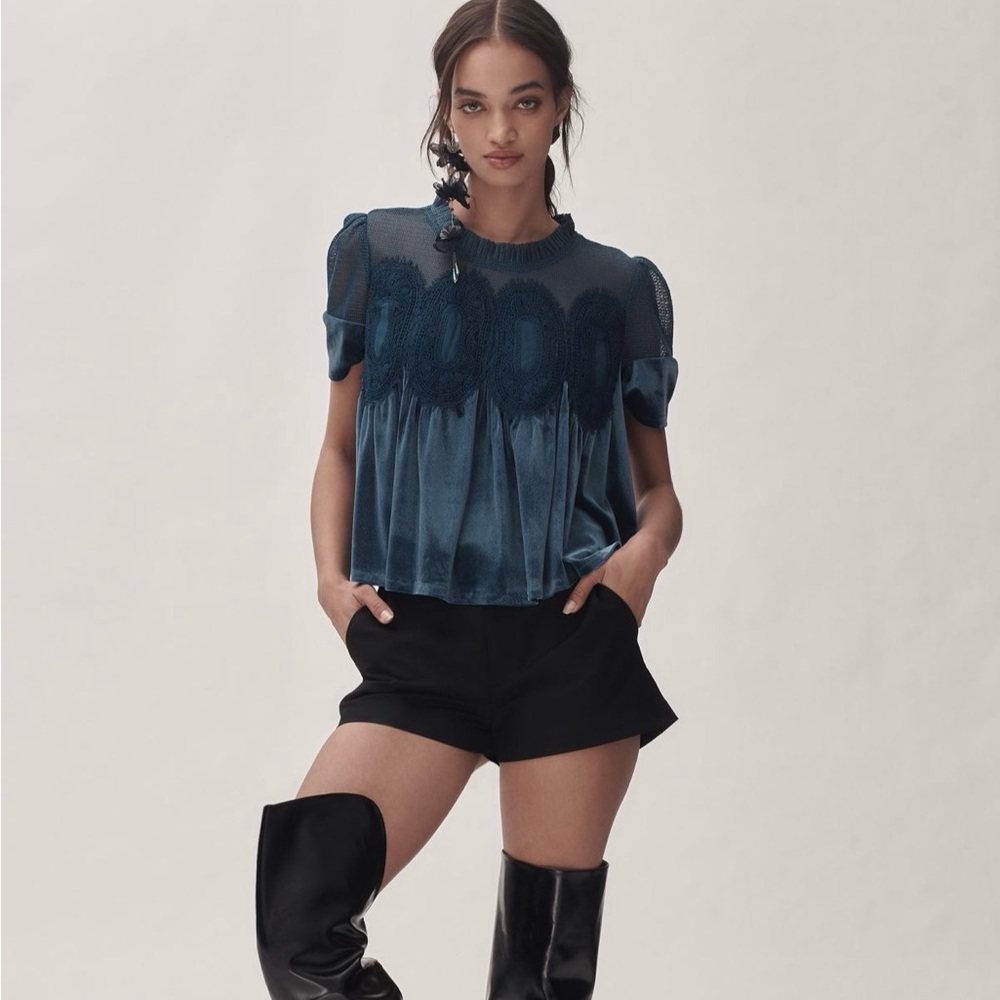 Anthropologie En Elle Blue Velvet Top Size M